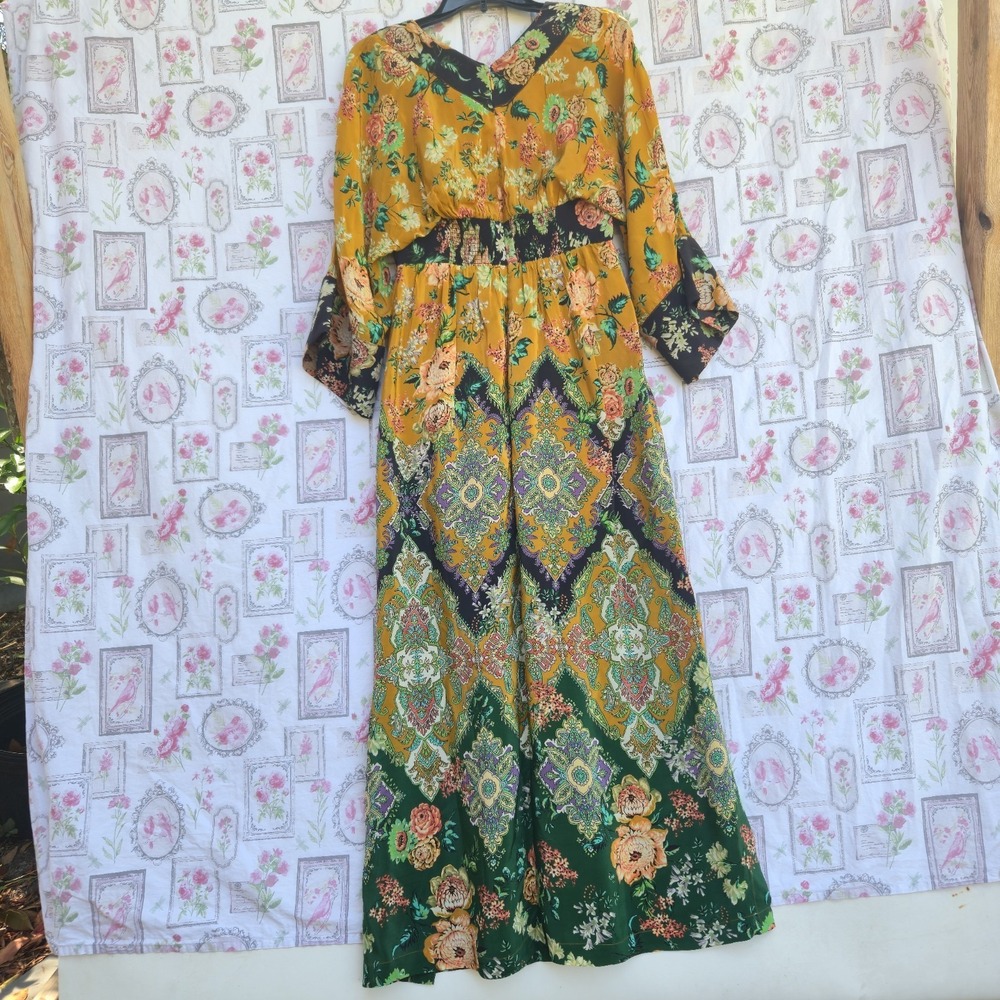 NWT Anthropologie Printed V-Neck Maxi Dress Floral Boho Bell Sleeve Mustard Sz 4 - Picture 5 of 7